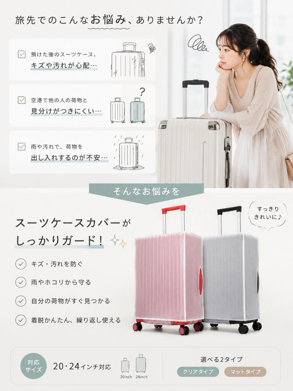 透明クリア スーツケースカバー ハンドル穴付き EVA素材