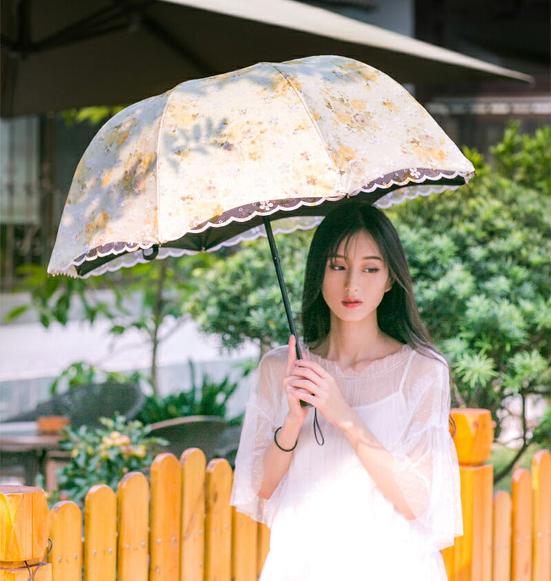 花柄レース 折りたたみ晴雨兼用日傘 遮光99％ UVカット
