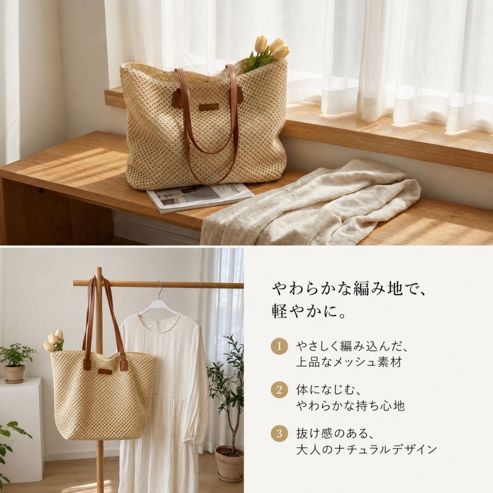 ペーパーロープ かごバッグ 超軽量 2WAY 大容量トート