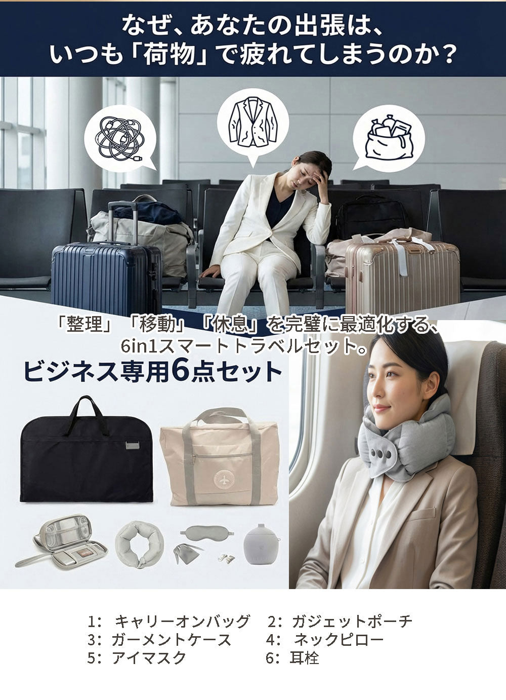 ビジネストラベル 6点セット キャリーオン対応バッグ＆快眠グッズ