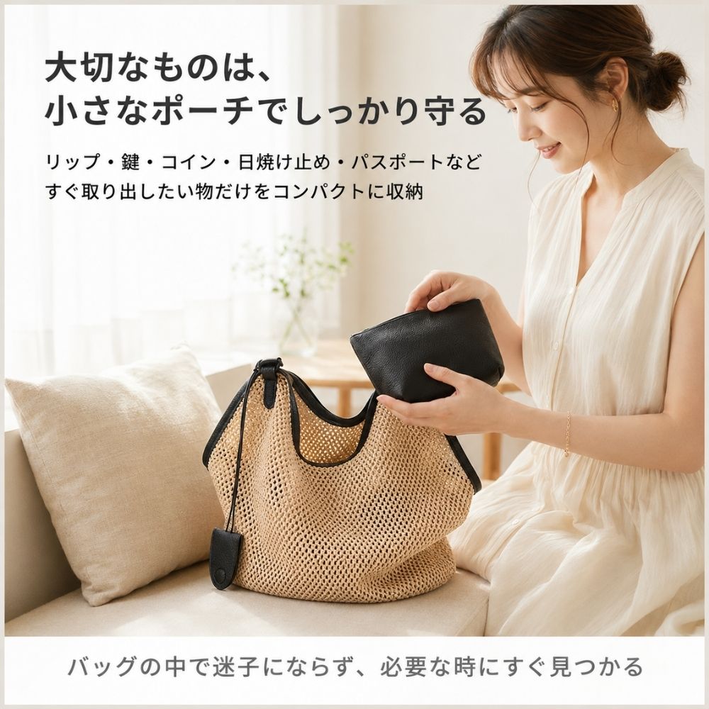 透かし編みかごバッグ ポーチ付き 大容量 2WAY トート