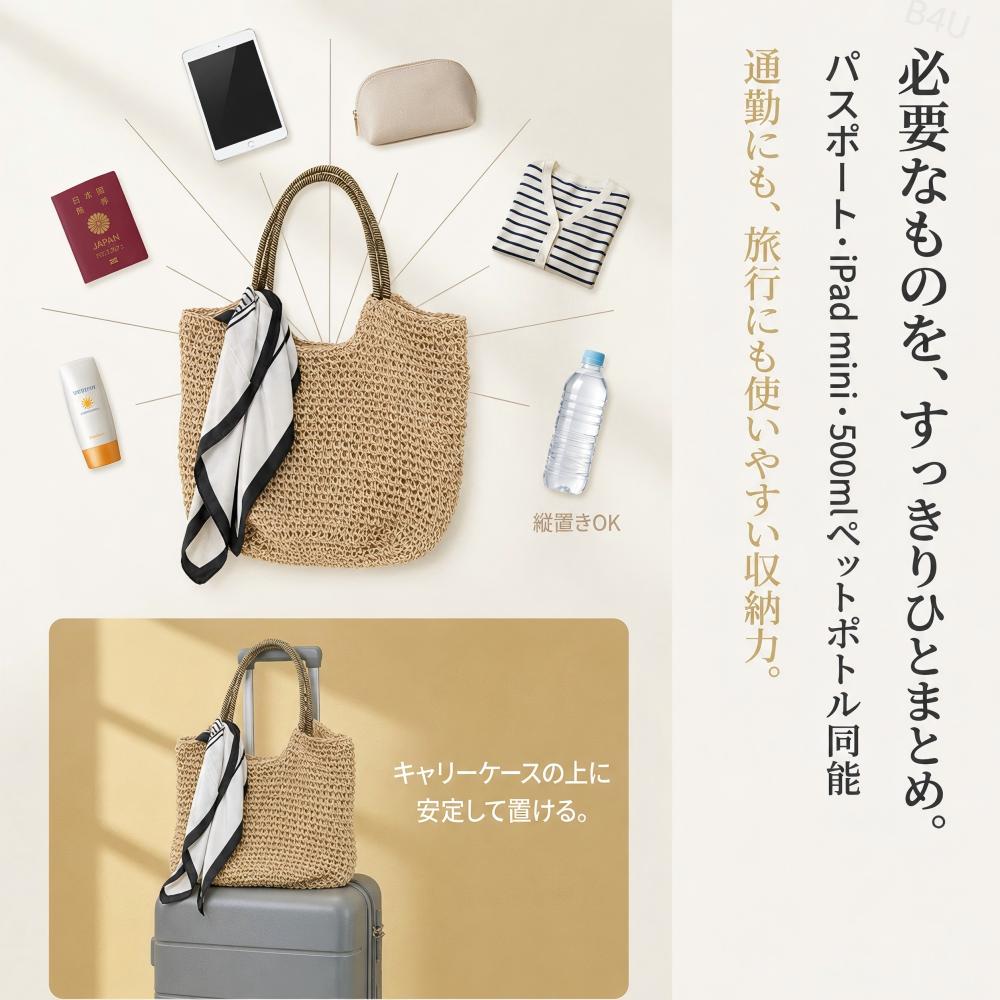 超軽量かごバッグ 2WAY シルク調スカーフ付き トートバッグ